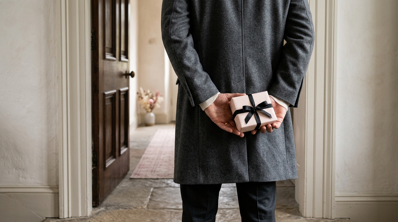 A man in a gray coat holding a small blush gift behind his back