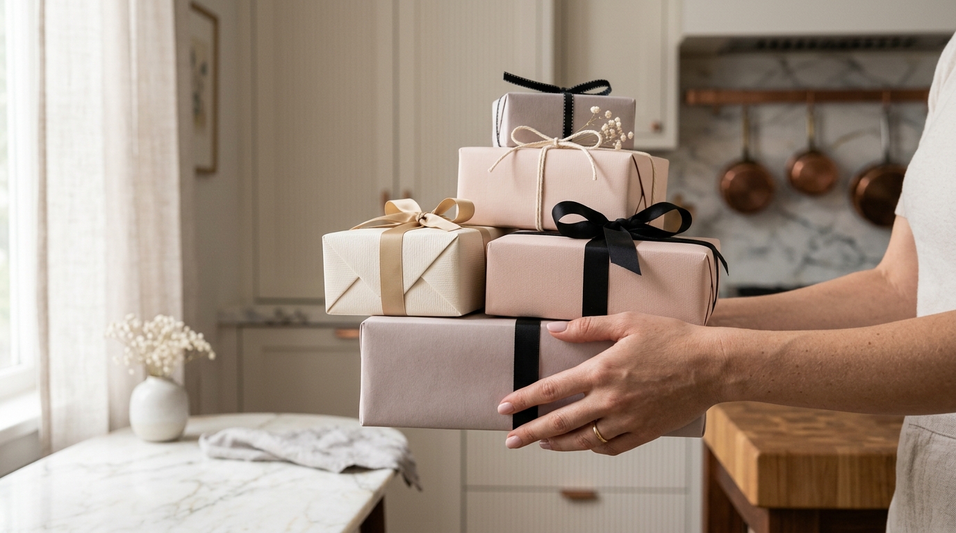 A woman carrying a stack of wrapped gifts in a bright kitchen